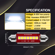 Ruiandsion 2pcs 6V 12V 24V LED Auto Interior Lights Aftermarket Car Roof CANBUS Ruiandsion ERROR 41mm FREE 211-2 578 44mm Festoon Bulb White 2W