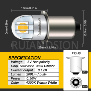 Ruiandsion p13 5s Maglite LED Flashlight Bulb Replacement 3V 4.5V 6V 12V 18V 24V White 10pcs