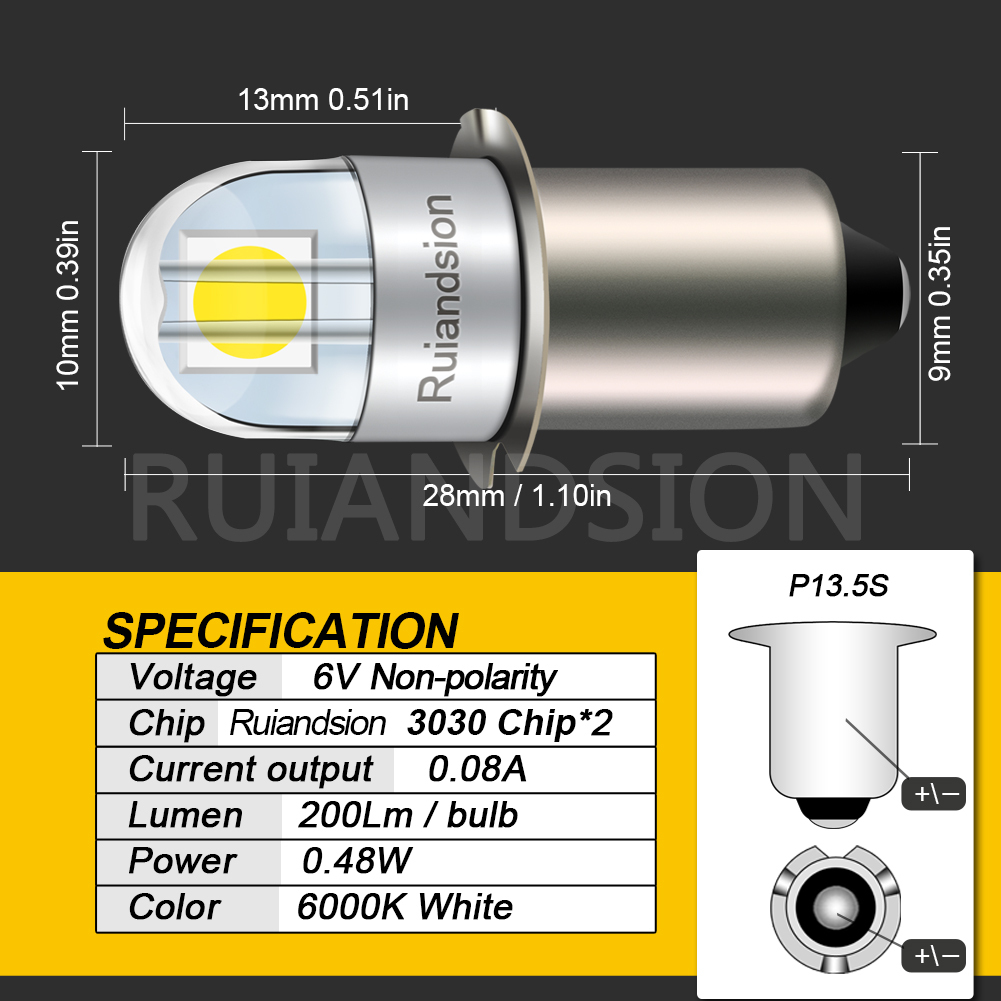 Ruiandsion p13 5s Maglite LED Flashlight Bulb Replacement 3V 4.5V 6V 12V 18V 24V White 10pcs