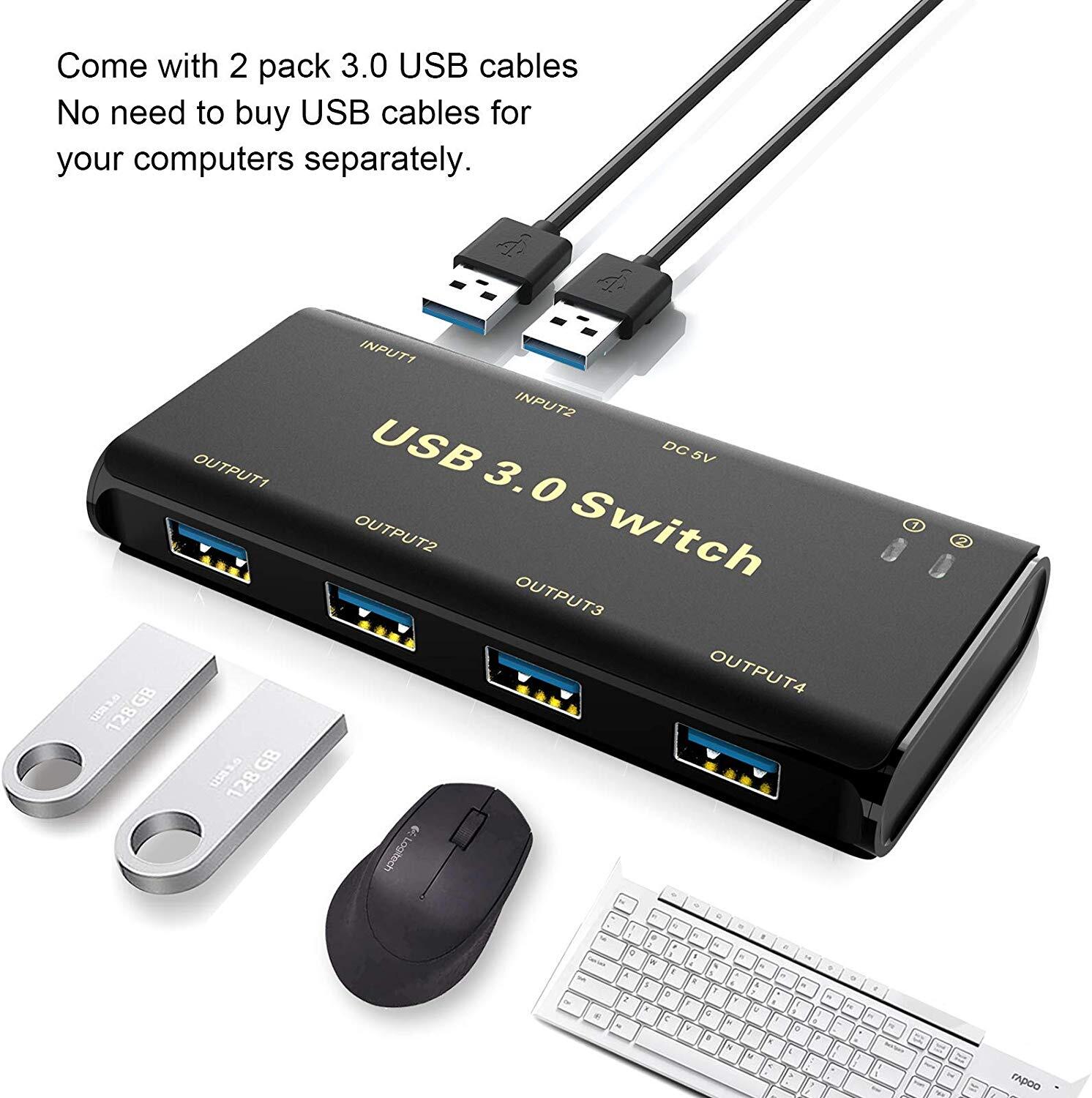 USB 3.0 Switch Selector,ABLEWE KVM Switcher Adapter 4 Port USB Peripheral  Switcher Box Hub for Mouse, Keyboard, Scanner, Printer, PCs with One-Button  Switch and 2 Pack USB Cable