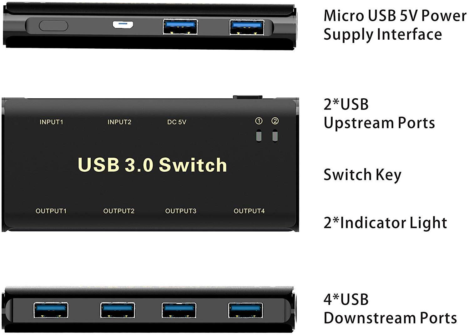 USB 3.0 Switch Selector,ABLEWE KVM Switcher Adapter 4 Port USB Peripheral  Switcher Box Hub for Mouse, Keyboard, Scanner, Printer, PCs with One-Button  Switch and 2 Pack USB Cable