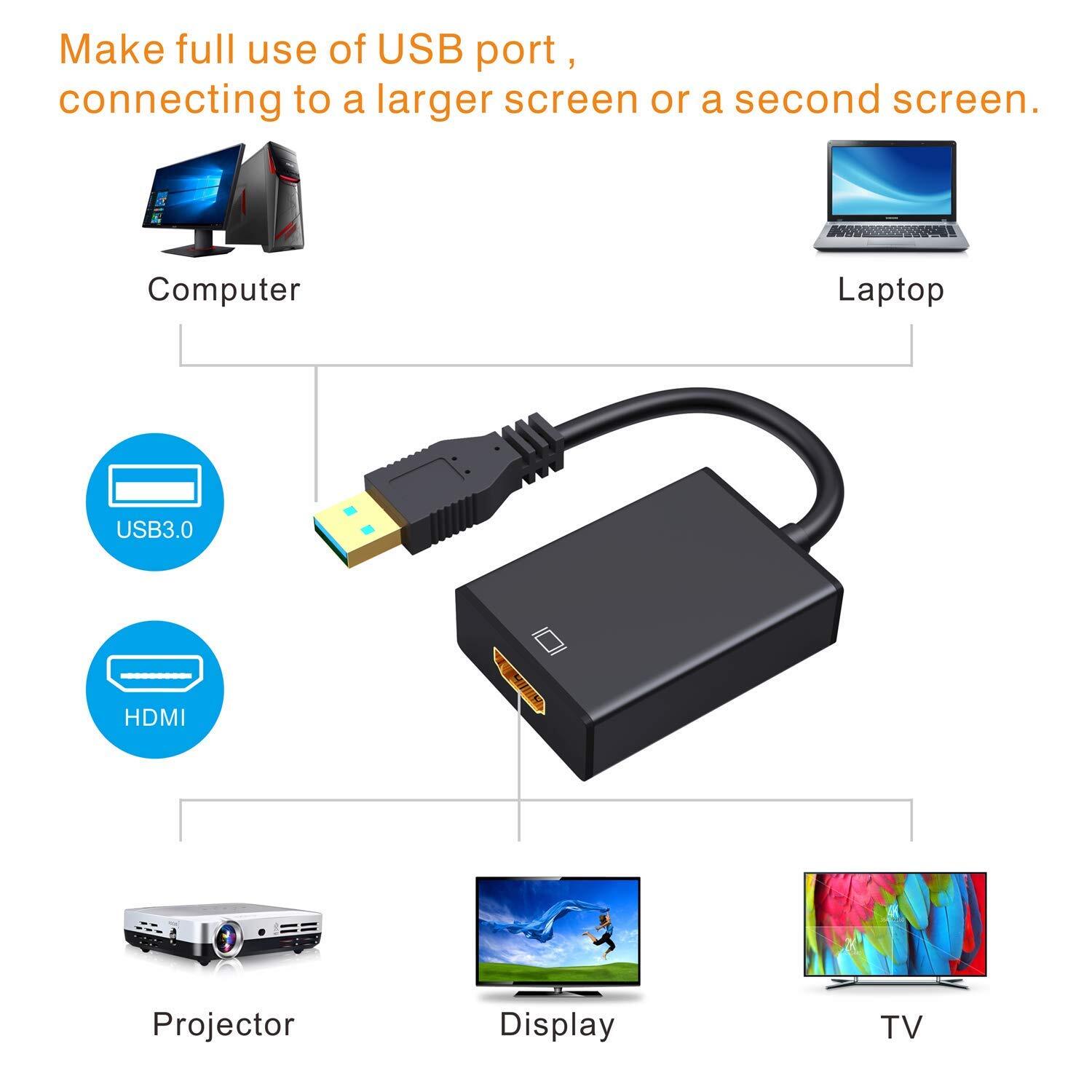  USB to HDMI Adapter, USB 3.0 to HDMI 1080P Video Audio  Converter Connect PC, Laptop to Monitor, Support Windows XP 7/8/8.1/10 :  Electronics