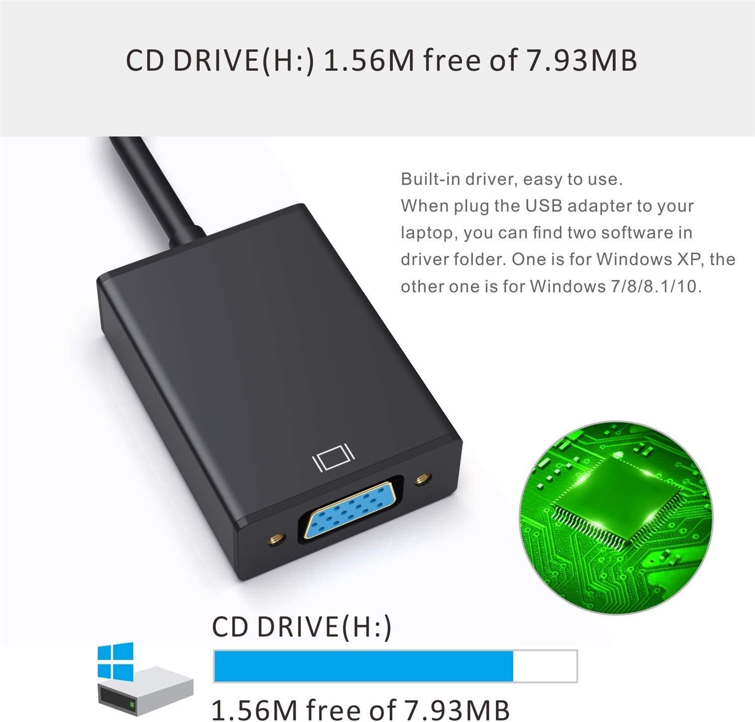USB to VGA Adapter,ABLEWE USB 3.0/2.0 Multi-Display Support Resolution 1080p for Win 7/8/8.1/10