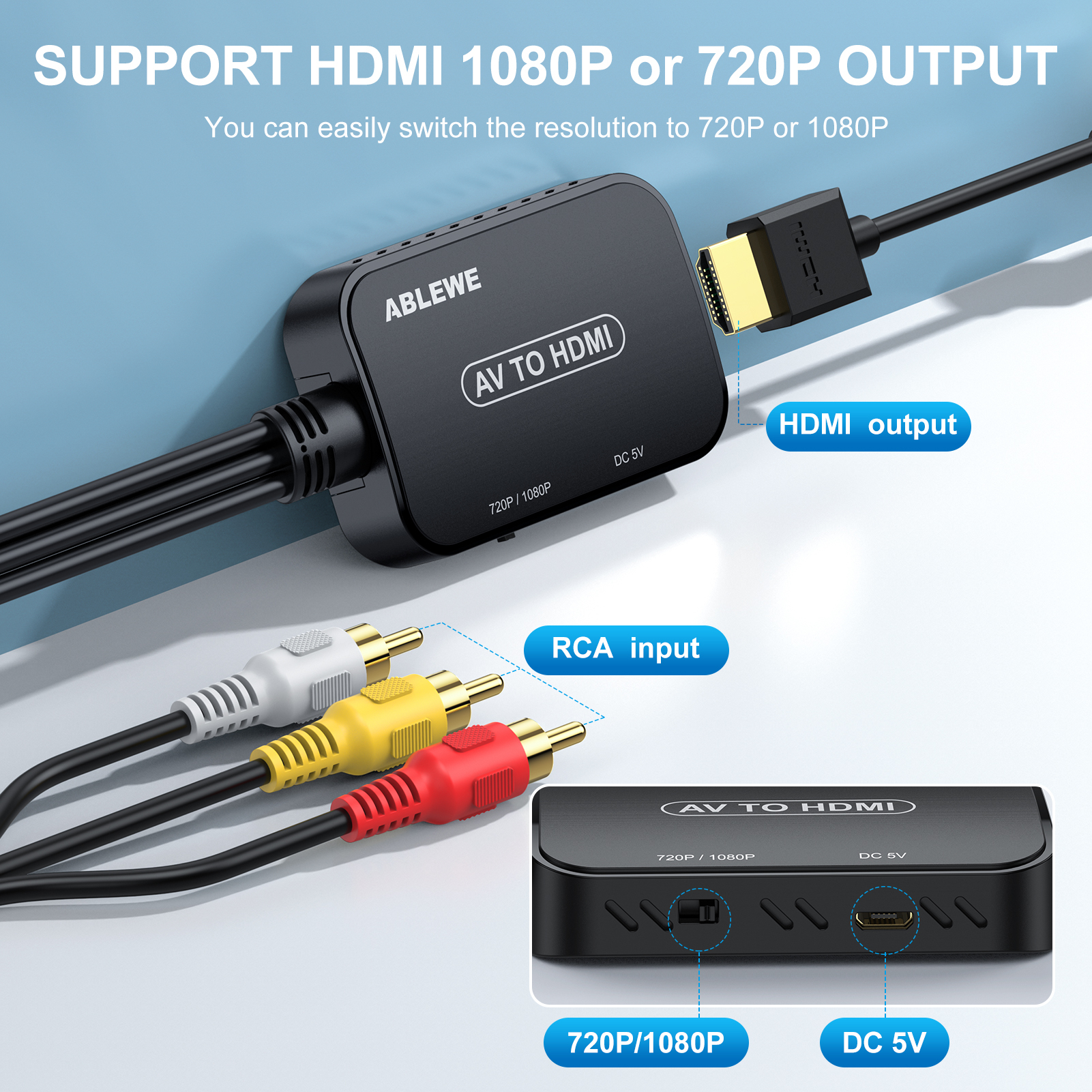 to HDMI Composite to HDMI Adapter with RCA & HDMI Cable Supporting PAL/NTSC for TV/PC/PS3/WII/XBOX/N64/VHS/VCR/Blue-ray DVD Players