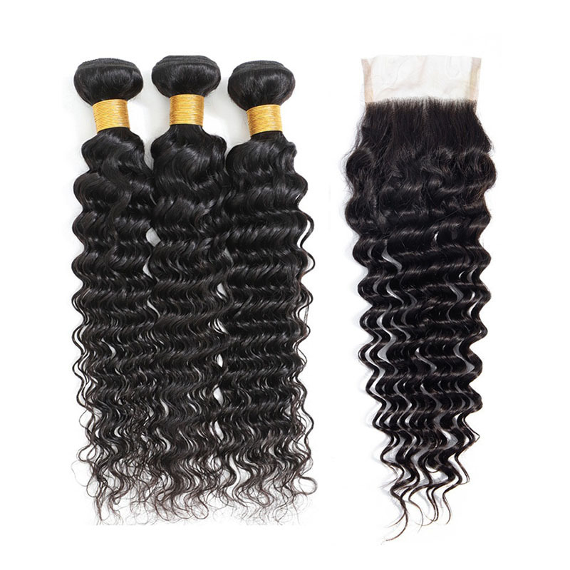 Deep Wave Remy Hair Deep Wave Natural Black Brazilian Remy Hair Weave Bundles With Closure
