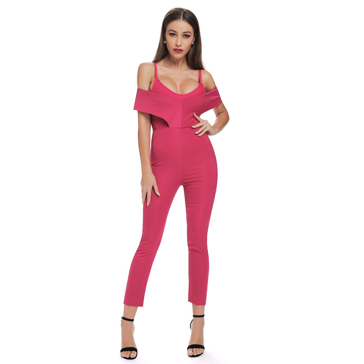 off shoulder pink jumpsuit
