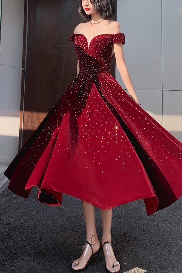 Off the Shoulder Wine Red Party Dress with Sequins