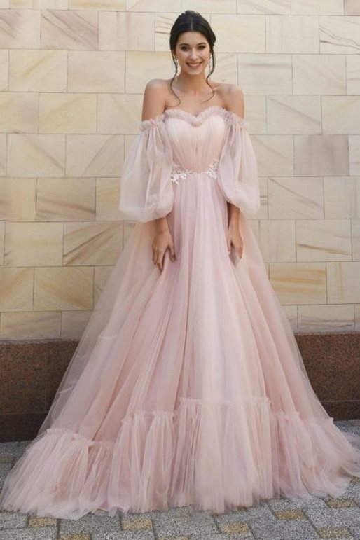 Puffy Sleeves Pink Tulle Formal Gown