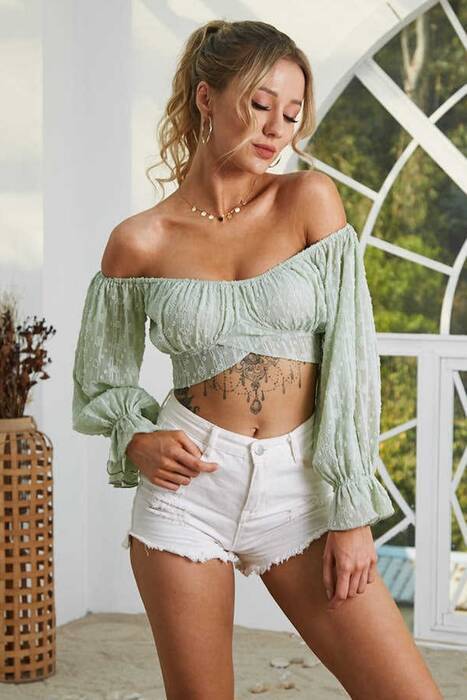 Sexy Green Midriff Top with Long Sleeves 