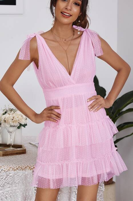 Sweet A-line Short Pink Tiered Dress
