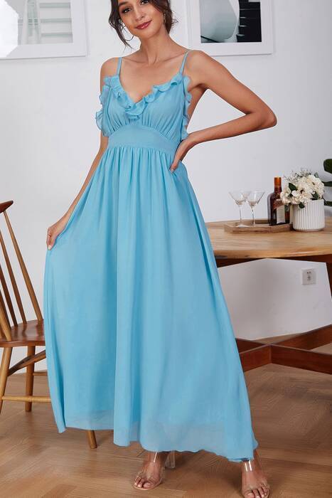 Empire A-line Blue Long Dress with Open Back