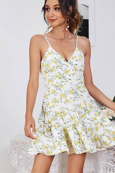 Sweet A-line Yellow Floral Short Summer Dress