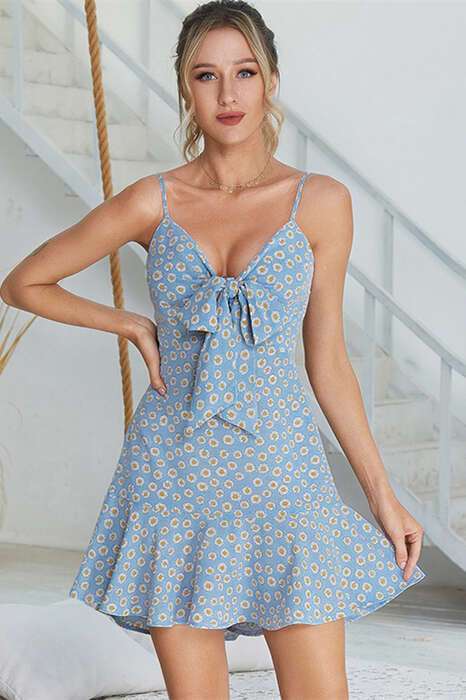 Daisy Floral Short Summer Dress with Knot Front