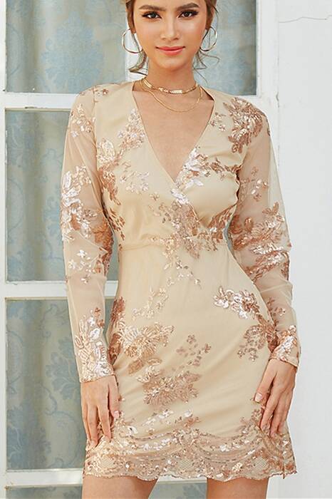 Long Sleeves Champagne Sequins Dress