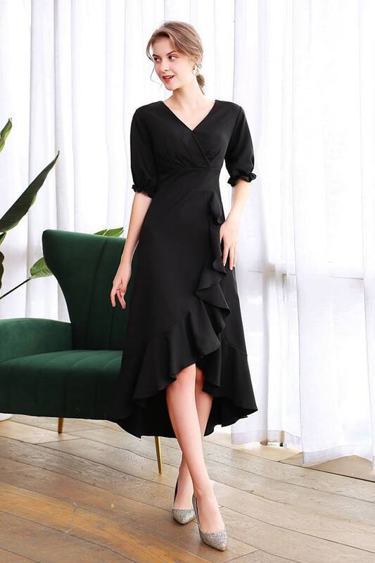 Black Ruffled High Low Dress with Short Sleeves