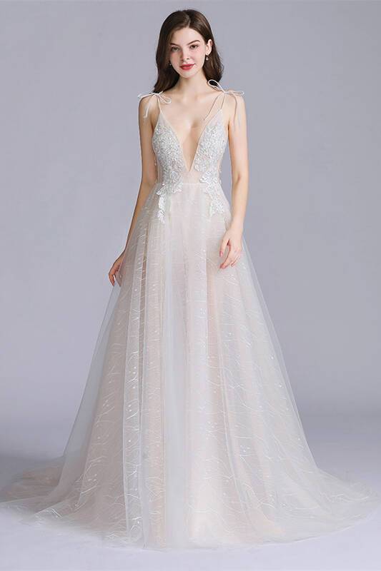 Plunge Ivory Long Wedding Dress with Side Slit 
