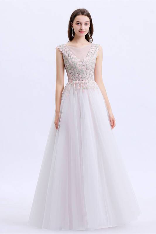Scoop White A-line Floral Tulle Wedding Dress 