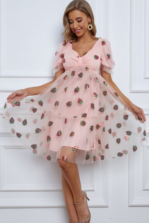 Short Sleeves Pink Strawberry Dress