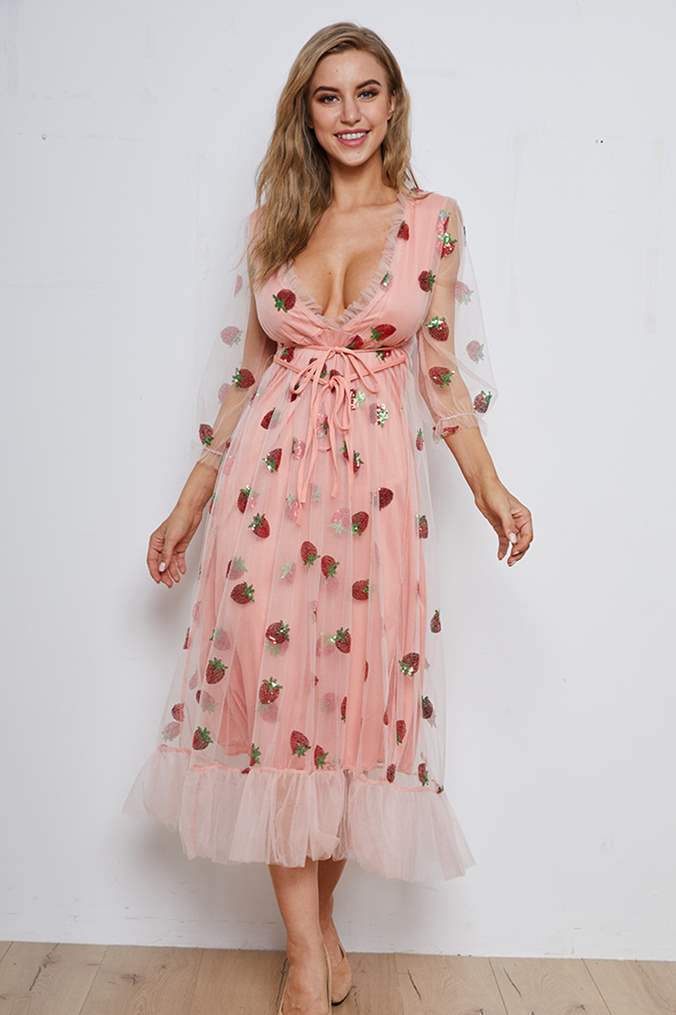 Long Sleeves Pink Strawberry Dress