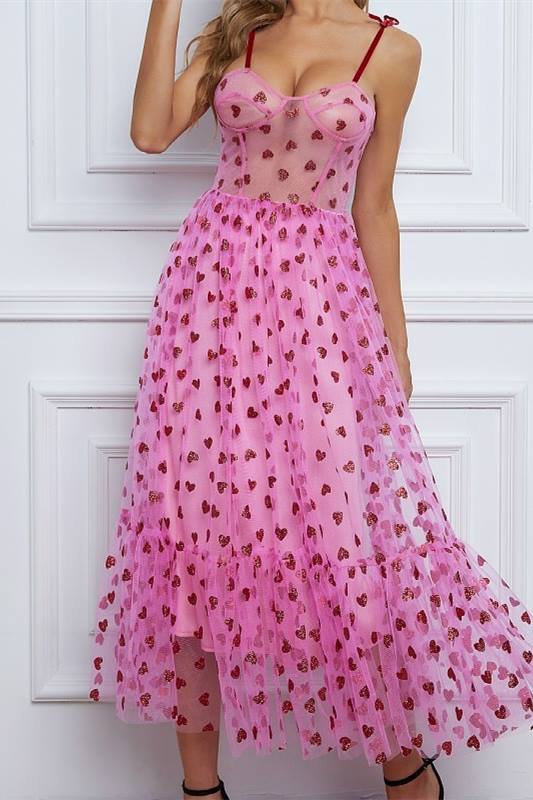 Hot Pink Midi Dress with Red Hearts and Straps 