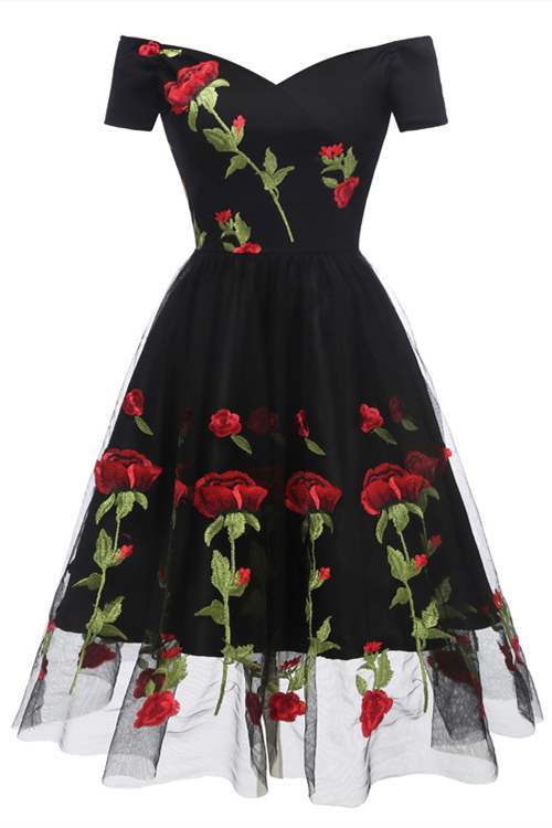 Off the Shoulder Black and Red Floral Party Dress