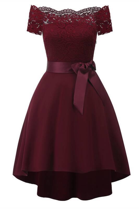 Off the Shoulder Bugundy Party Dress with Ribbon