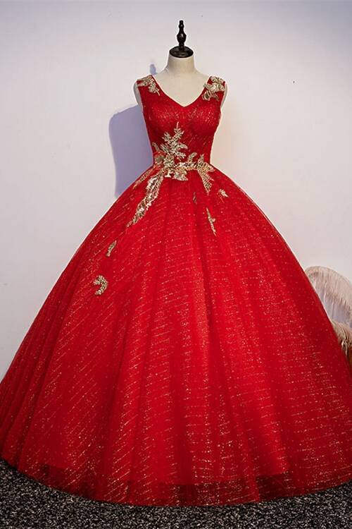 Red and Gold Long Ball Gown with Shawl