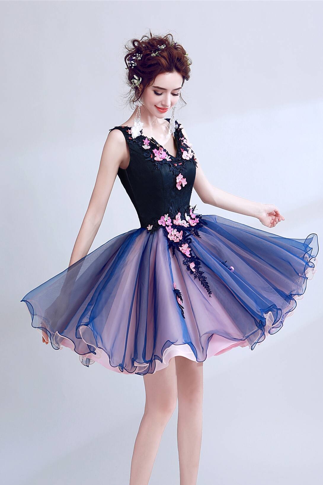 A-line Navy Blue and Pink Flowers Short Homecoming Dress