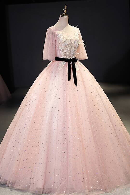 Sparkle Pink Long Ball Gown with Flare Sleeves 