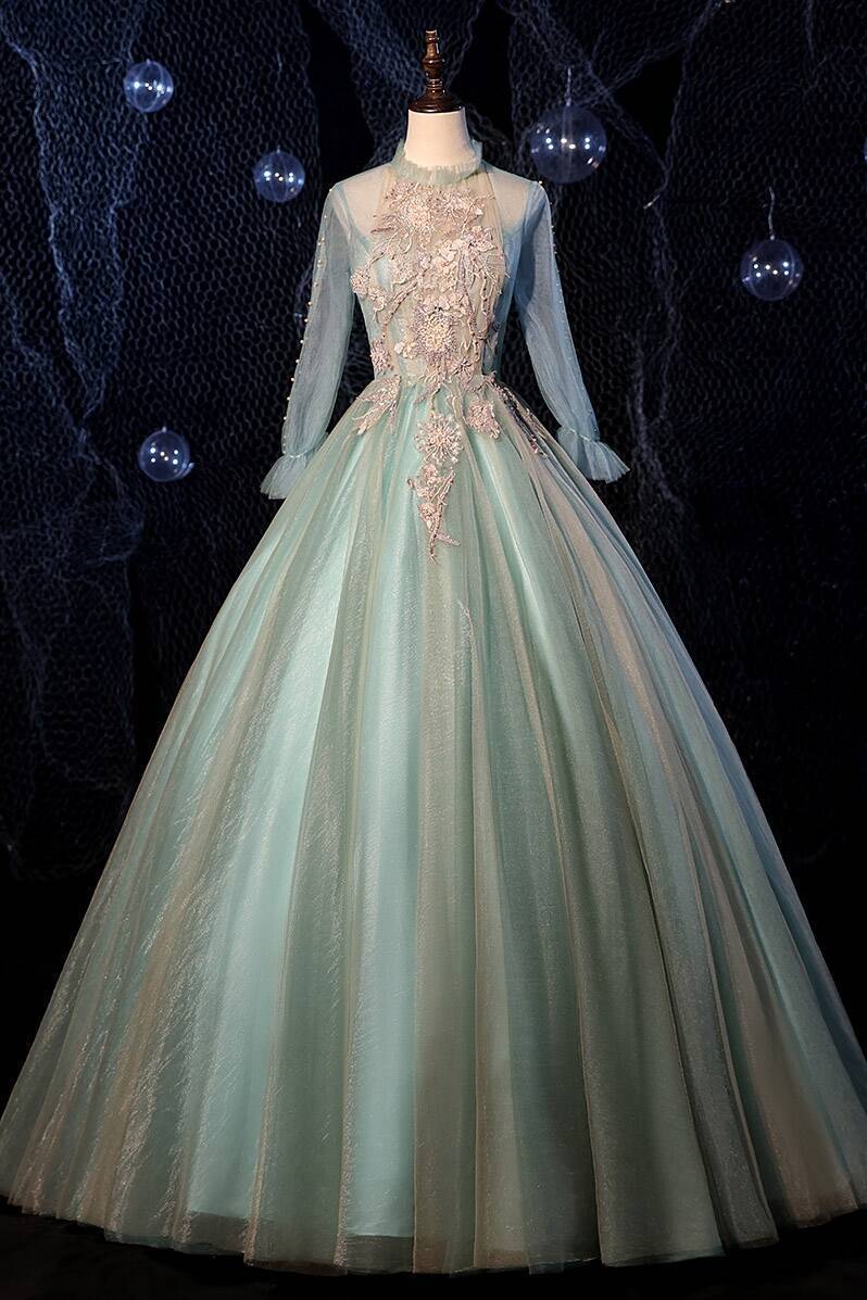 Noble High Neck Green Long Ball Gown with Long Sleeves