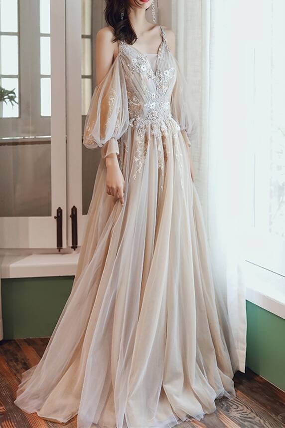 Unique Cold Sleeves Champagne Long Formal Dress