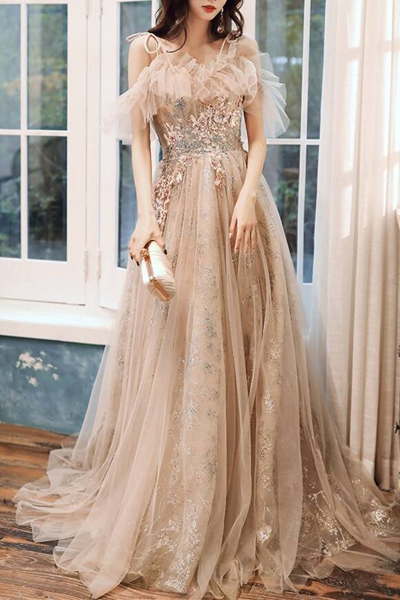 Princess Floral Embroidery Champagne Long Evening Dress