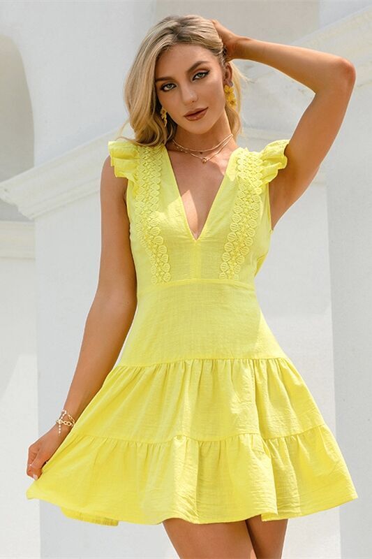 French Style Yellow Short Dress