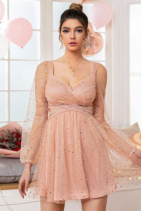Pink Long Sleeves Starry Short Dress