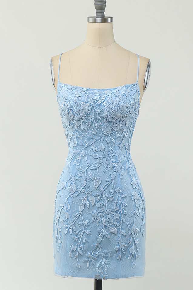 Tight Light Blue Lace Short Homecoming ...