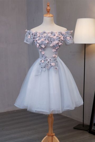 Off the Shoulder Grey Short Homecoming Dress with 3D Flowers