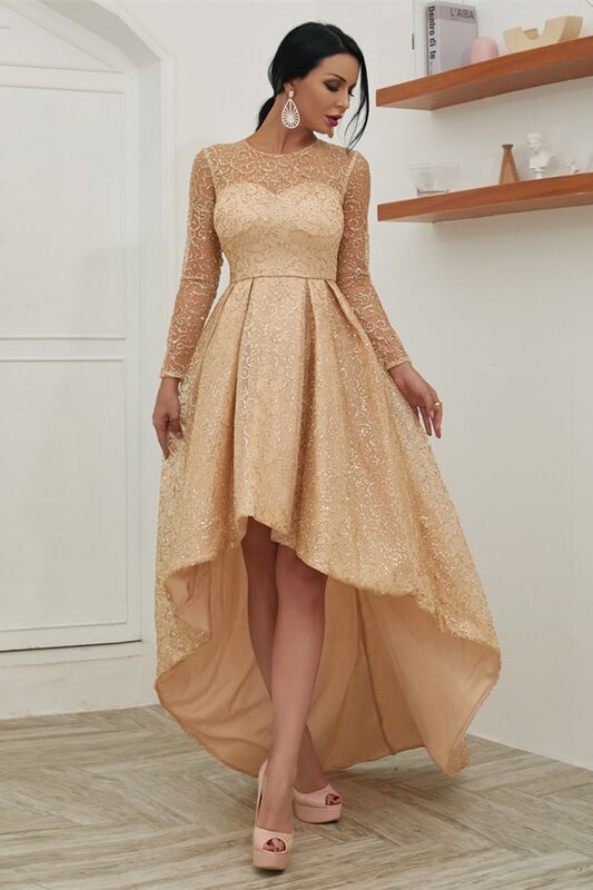 Gold High Low Party Dress with Long Sleeves 