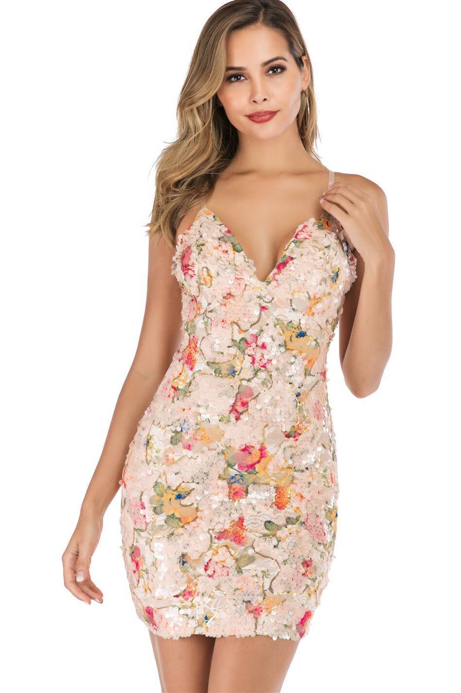 Tight Floral Sequins Short Party Dress