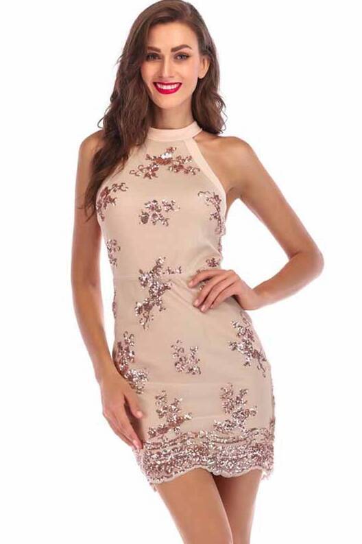 Tight Rose Gold Sequins Mini Party Dress
