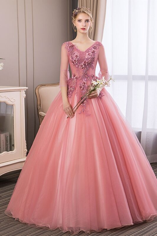 Half Sleeves Blush Pink Appliques Long Ball Gown 