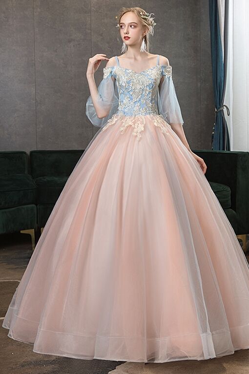 Straps Blue and Pink Long Ball Gown