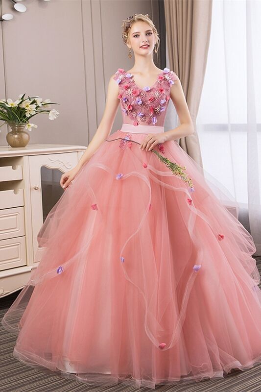 Blush Pink Tiered Tulle Ball Gown with Flowers 
