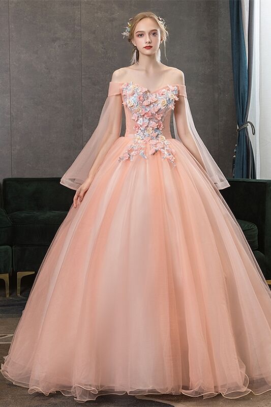 Off the Shoulder Peach Floral Embroidery Long Ball Gown 