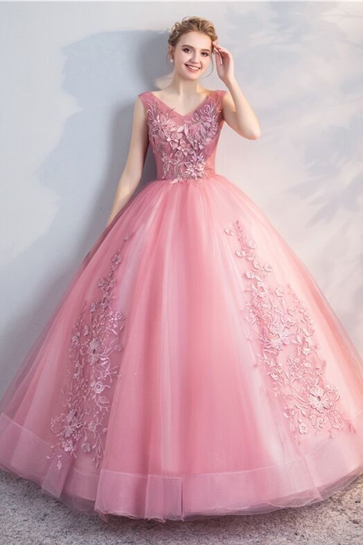 Blush Pink Tulle and Lace Appliques Ball Gown 