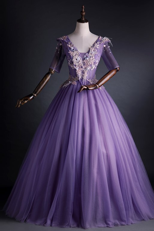 Half Sleeves Purple Long Formal Gown 
