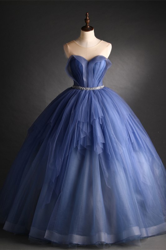 Gorgeous Blue Tiered Tulle Long Ball Gown with See Through Neckline 