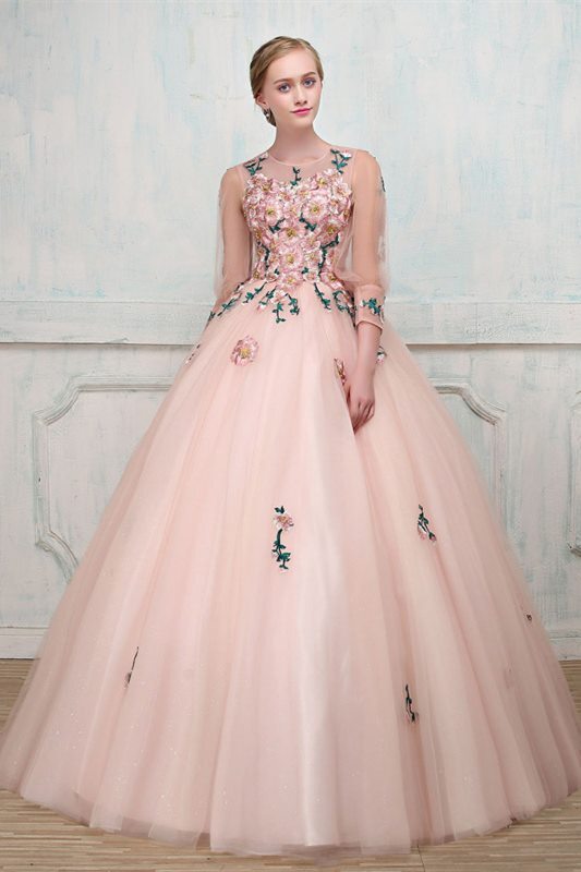 Floral Embroidery Long Sleeves Blush Ball Gown 