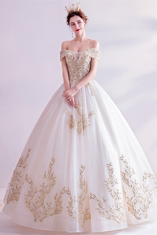 Off the Shoulder White and Gold Sequins Long Ball Gown 