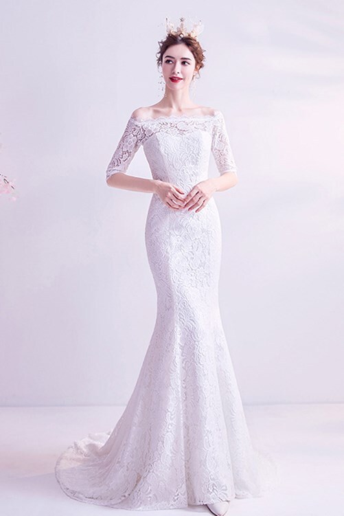 Classic White Lace Mermaid Long Wedding Dress 