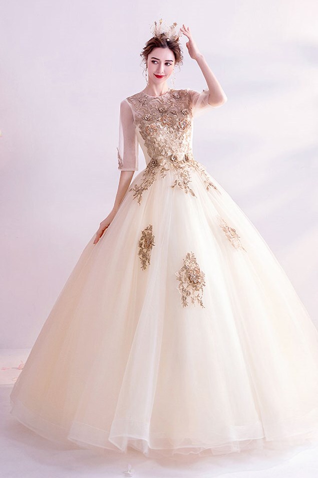 Half Sleeves White and Gold Long Ball Gown 